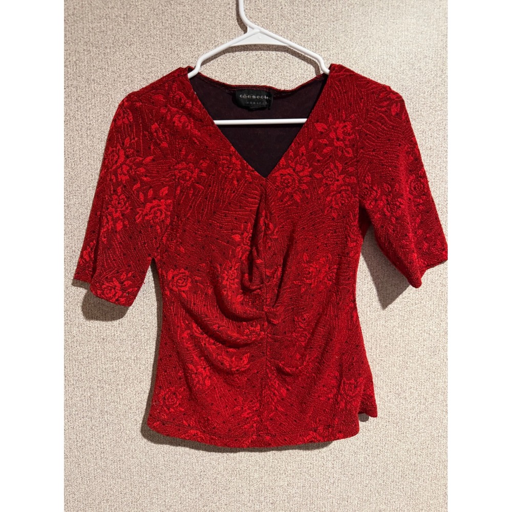 Connected Apparel‎ Red Floral Burnout V-Neck Ruched Glitter Blouse Top Womens M